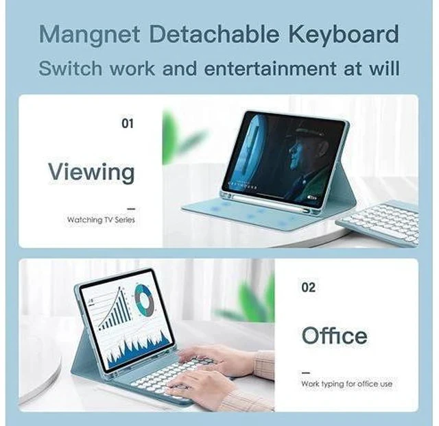 Alt view image 4 of 7 - for Kindle Fire HD 10 Keyboard case 2021,Detachable Round Keys Keyboard Case for Fire HD 10 /HD 10 Plus Tablet (11th Generation),Folio Fire hd 10 case with Keyboard for Women Kids,Mint Green