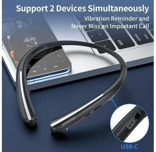 Alt view image 6 of 7 - Bluetooth Headphones Retractable Neckband Bluetooth Headset with Microphone Vibration Call Stereo Noise Cancelling Earphones for Workout Sports Driving (Black)