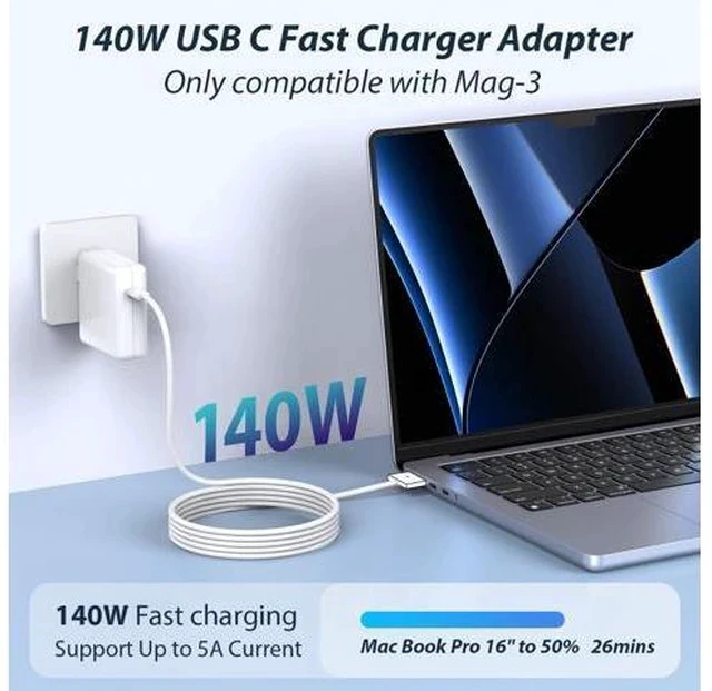 Alt view image 4 of 5 - 140W Charger for MacBook Pro 16 14 inch Mac Air 15 13 inch 2025 2024 2023 2022 2021 M1M4 Type C Fast Charger Power Adapter & 6.6FT Type C to Magnetic 3 Cable LED Applicable 2021-2025
