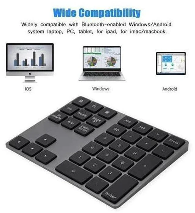 Alt view image 3 of 5 - Numeric Keypad, Rechargeable Aluminum Alloy 34 Keys Mini Bluetooth Numpad, Slim External Numpad Keyboard Data Entry Support Windows, iOS, Android System