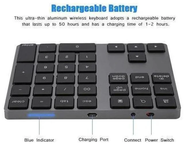 Alt view image 5 of 5 - Numeric Keypad, Rechargeable Aluminum Alloy 34 Keys Mini Bluetooth Numpad, Slim External Numpad Keyboard Data Entry Support Windows, iOS, Android System