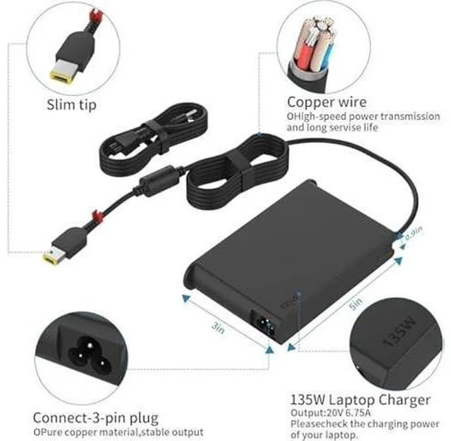 Alt view image 4 of 5 - 135W AC Charger Fit for Lenovo ThinkPad X1 Extreme Gen 1 2 3 4 5 IdeaPad Gaming 3-15 L340 Yoga Y50-80 Y50P Y50P-70Y Y40-70 Y50-70 Laptop Adapter Power Cord