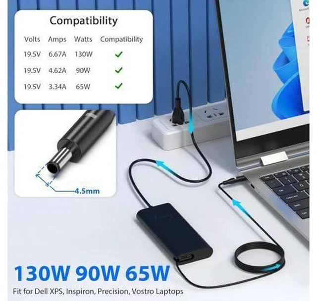Alt view image 2 of 6 - 130W 4.5mm Round Tip AC Adapter Laptop Charger Replacement for XPS 15 7590 9530 9550 9560 9570 Inspiron 7348 Precision 5510 5520 5530 5540 HA130PM130 0V363H DA130PM130 Power Cord Supply