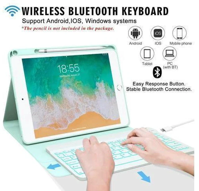 Alt view image 3 of 7 - Keyboard case for iPad 5th/6th Generation 2017/2018, 9.7 Inch iPad Air 2 Case with Keyboard, Removable Wireless Backlit Keyboard Detachable, Folio Smart Cover, Tablet Case with Pencil Holder