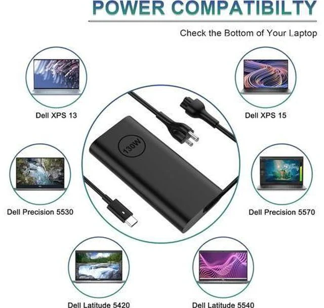 Alt view image 2 of 7 - Replacement for 130W Laptop Charger USB C Slim Adapter - XPS 17 15 7590 9700 9500 9510 Precision 5560 3560 5540 5570 5550 3561 3550 5510 5520 Latitude 7410 7310 7210 Type C Computer AC Power Cord