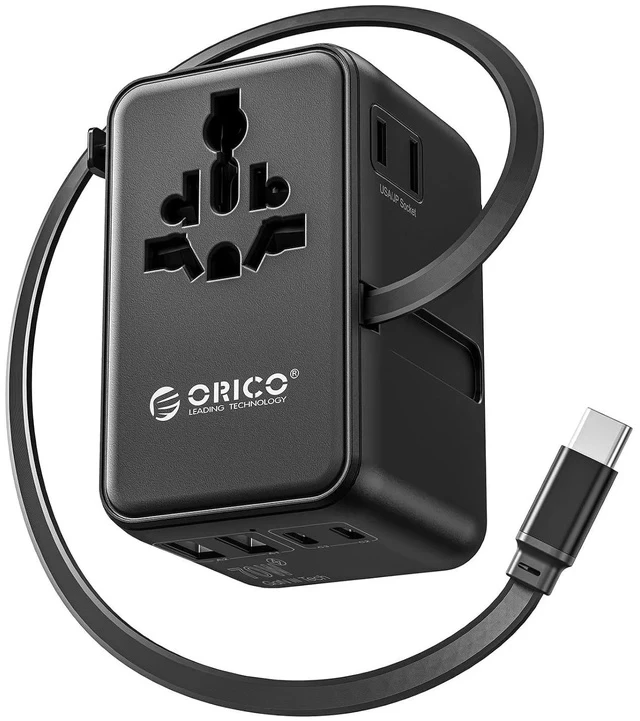 Alt view image 2 of 2 - 70W Universal Travel Adapter with 2 AC Outlets and 3 USB-C and 2 USB-A Ports, Built-in Retractable USB-C Cable, Type A, C, G, I Outlets, International Travel Adapter for Global Travel