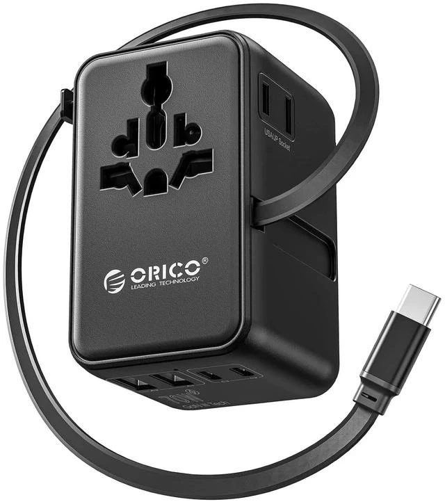 Main image of 70W Universal Travel Adapter with 2 AC Outlets and 3 USB-C and 2 USB-A Ports, Built-in Retractable USB-C Cable, Type A, C, G, I Outlets, International Travel Adapter for Global Travel