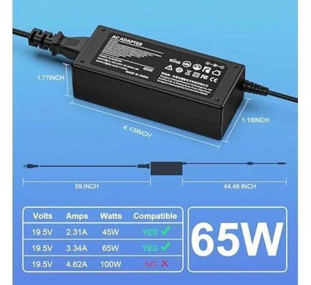 Alt view image 5 of 7 - 65W AC Adapter Compatible with Dell Inspiron 13/14/15/16 Latitude 5490/5420 and More Series Adapter Power Supply Cord