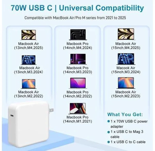 Alt view image 2 of 7 - Charger for Mac Book Air 15 13 Inch Mac Book Pro14 Inch M4 M3 M2 M1 from 2025 2024 2023 2022 2021 70W USB-C to Mag 3 Power Adapter Include 6.6FT 5A USB-C to Magnetic 3 Cable (Original Quality)
