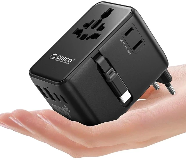 Alt view image 2 of 2 - 100W Universal Travel Adapter with 2 AC Outlets and 3 USB-C and 2 USB-A Ports, Built-in Retractable USB-C Cable, Type A, C, G, I Outlets, International Travel Adapter for Global Travel