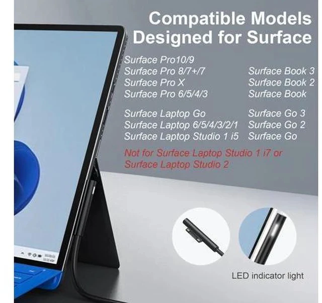 Alt view image 2 of 7 - Charger Compatible with Surface Pro Surface Go Tablet Surface Book Support 65W 44W 39W 36W 24W Surface Laptop Charger