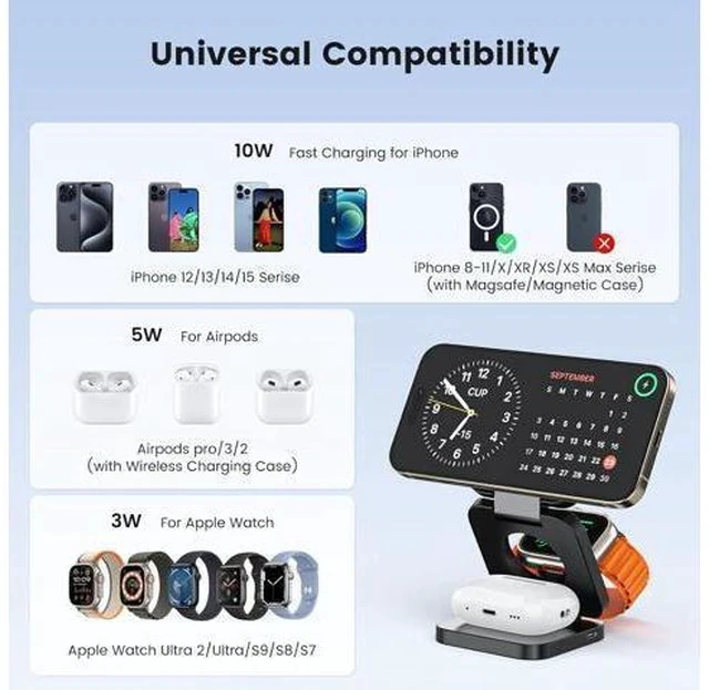 Alt view image 3 of 7 - 3 in 1 Charging Station for Apple, Mag-Safe Portable Charger Dock, Foldable Travel Charger for Apple Multiple Devices, Wireless Charger for iPhone 15 14 13 12, for Apple Watch, for