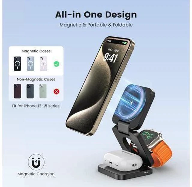 Alt view image 2 of 7 - 3 in 1 Charging Station for Apple, Mag-Safe Portable Charger Dock, Foldable Travel Charger for Apple Multiple Devices, Wireless Charger for iPhone 15 14 13 12, for Apple Watch, for