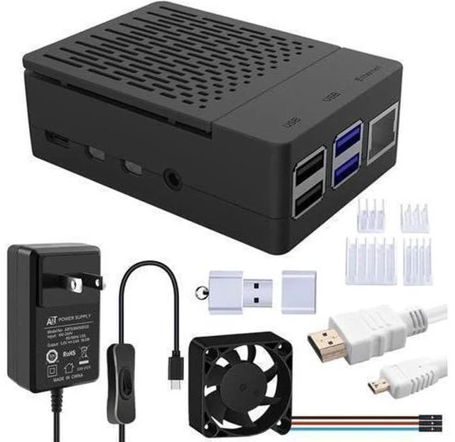 Main image of Case with PWM Fan for Raspberry Pi 4, 18W 5V 3.6A USB-C Power Supply for Raspberry Pi 4, Heatsinks, USB Card Reader, Micro HDMI Cable, Micro HDMI to HDMI Adapter for Raspberry Pi 4 8GB/4GB/2GB