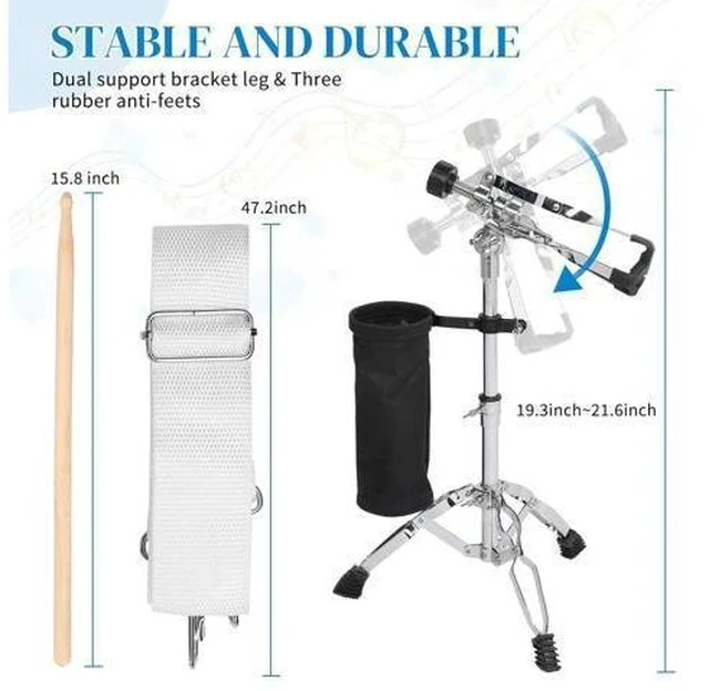 Alt view image 6 of 7 - 14 x 5.5 inches Snare Drum Set, Marching Snare Drum Kit for Students Beginners, Comes with Stand Sticks, Key, Bag, Mute Pad and Adjustable Straps (Blue)