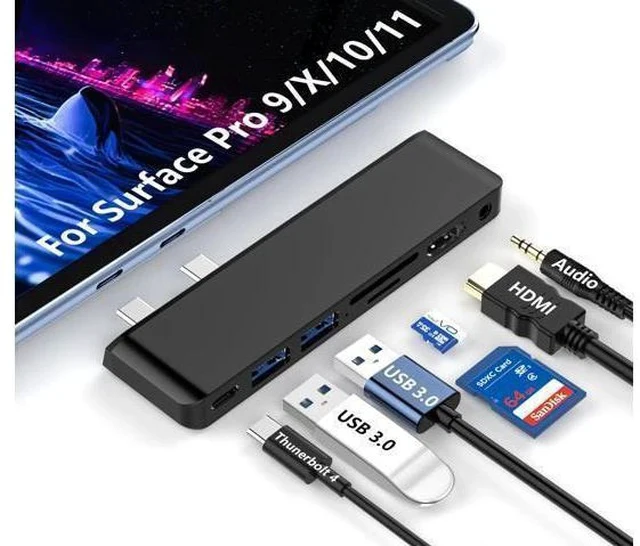 Main image of Surface Pro 11 Docking Station: Surface Pro 11 Copilot+PC/Pro 10/Pro 9 USB Hub Adapter with Thunderbolt 4 (Display+Data+100W PD), 4K HDMI, USB 3.0, SD/TF Reader, 3.5mm Audio Surface Pro 11 Accessories