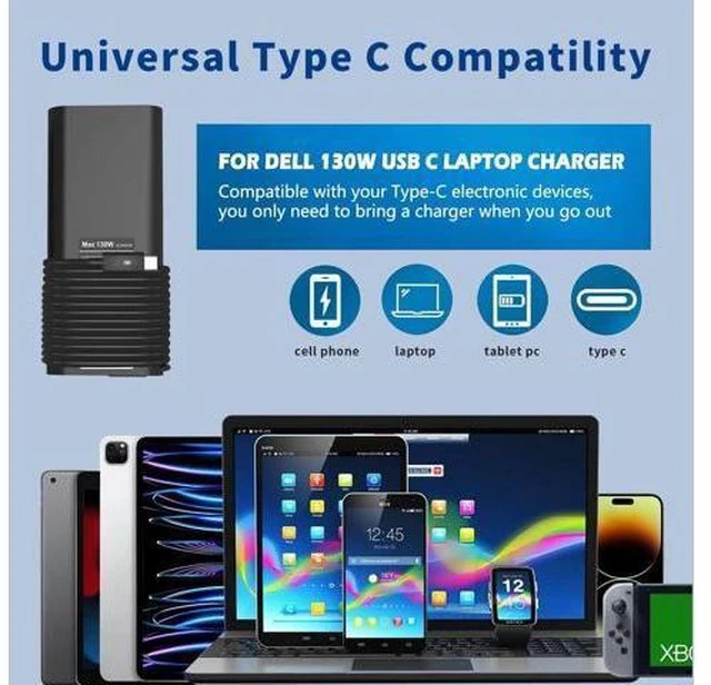Alt view image 3 of 6 - 130W USB C Laptop Charger Compatible with Laptop Charger Type C Slim AC Power Cord - Precision 5550 5560 5570 5750 3560 XPS 15 9500 9575 XPS 17 Latitude 7410 7310 USB C
