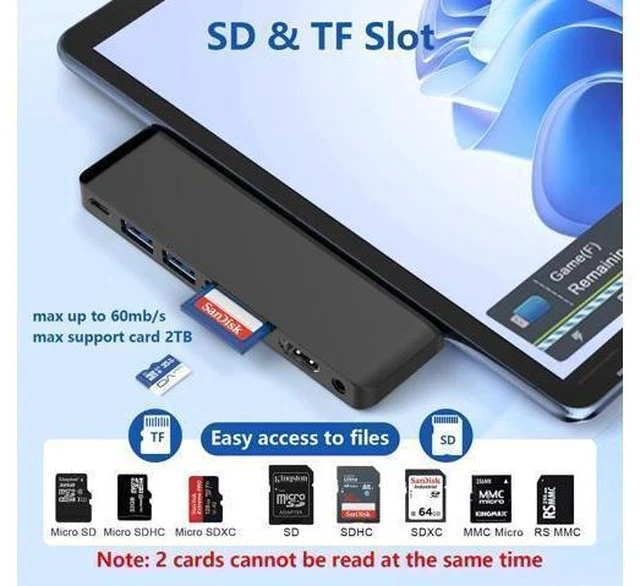 Alt view image 6 of 7 - Surface Pro 11 Docking Station: Surface Pro 11 Copilot+PC/Pro 10/Pro 9 USB Hub Adapter with Thunderbolt 4 (Display+Data+100W PD), 4K HDMI, USB 3.0, SD/TF Reader, 3.5mm Audio Surface Pro 11 Accessories