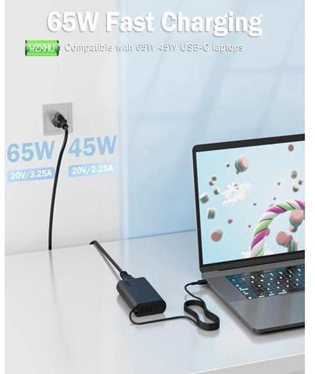 Alt view image 2 of 7 - 2025 New Slim 65W USB C Laptop Charger Compatible with Thinkpad/Yoga/Chromebook Computer Type C Fast Charging Power Cord Ac Adapter