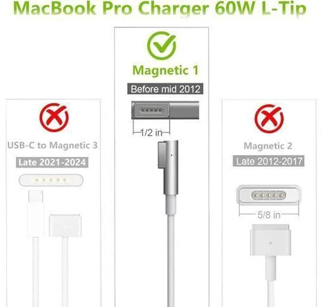 Alt view image 2 of 7 - Mac Book Pro Charger 60W L-Tip Mag 1 Power Adapter Compatible with Mac Book Pro 13 inch (Before Mid 2012 Models)