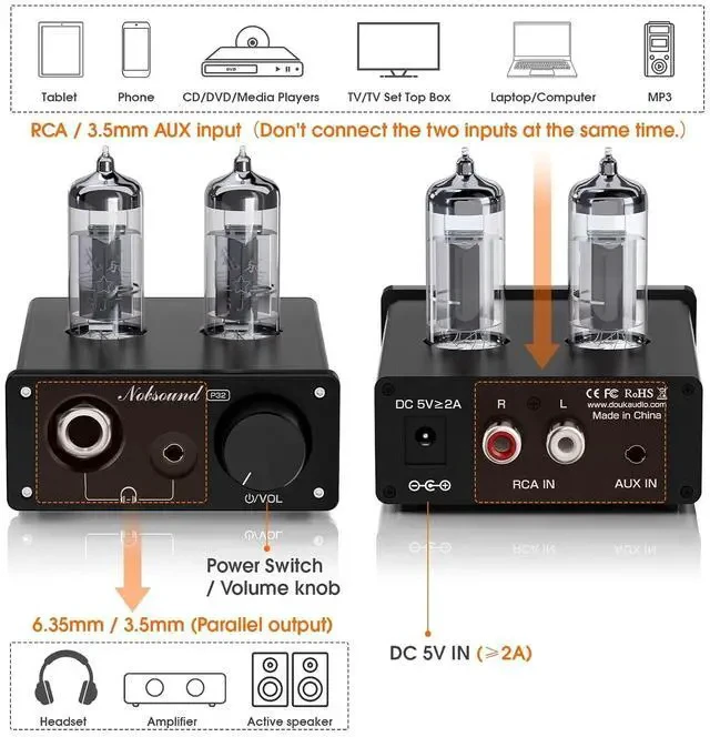 Alt view image 7 of 7 - P32 Tube Headphone Amplifier: 1000mW HiFi Desktop Preamp for 24600 Headphones & Home Amps Speakers, 3.5mm/6.35mm Jacks, Swappable Tube & Op-Amp