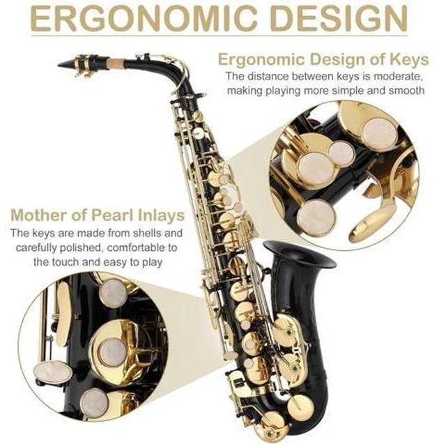 Alt view image 2 of 7 - Alto Saxophone Drop E Brass Sax Full Kit for Student Beginners with Carving, Mouthpiece, Carrying Case, Gloves, Cleaning Cloth Bar, Detachable Strap, Shoulder Strap, Reed