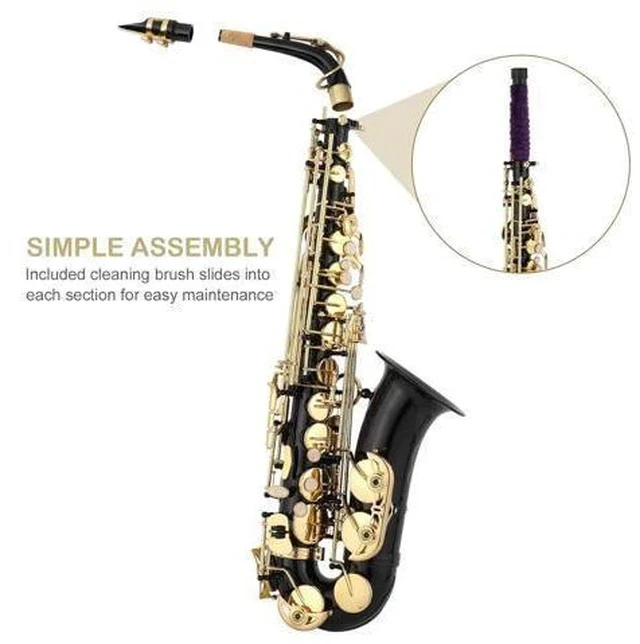 Alt view image 3 of 7 - Alto Saxophone Drop E Brass Sax Full Kit for Student Beginners with Carving, Mouthpiece, Carrying Case, Gloves, Cleaning Cloth Bar, Detachable Strap, Shoulder Strap, Reed
