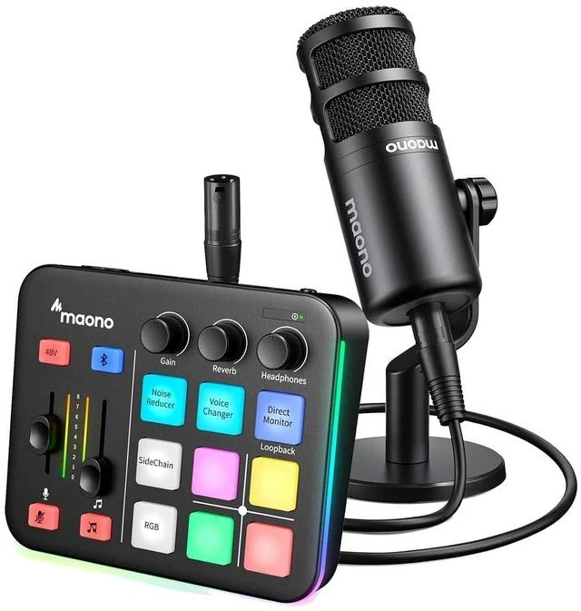 Main image of Gaming Audio Mixer & XLR Dynamic Microphone, Audio Interface with Pro-preamp, RGB, Bluetooth, 48V Ph