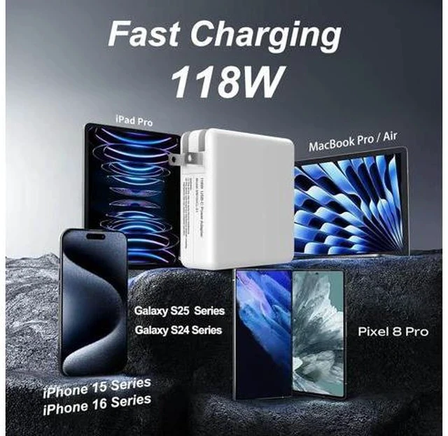 Alt view image 2 of 7 - Mac Book Pro Charger - 118W USB C Laptop Charger Power Adapter Fit MacBook Air 13 14 15 16 inch MacBook Pro M1 M2 M3 M4 iPad Pro and All Type C Port Devices 6.6 Ft USB C to C Cable