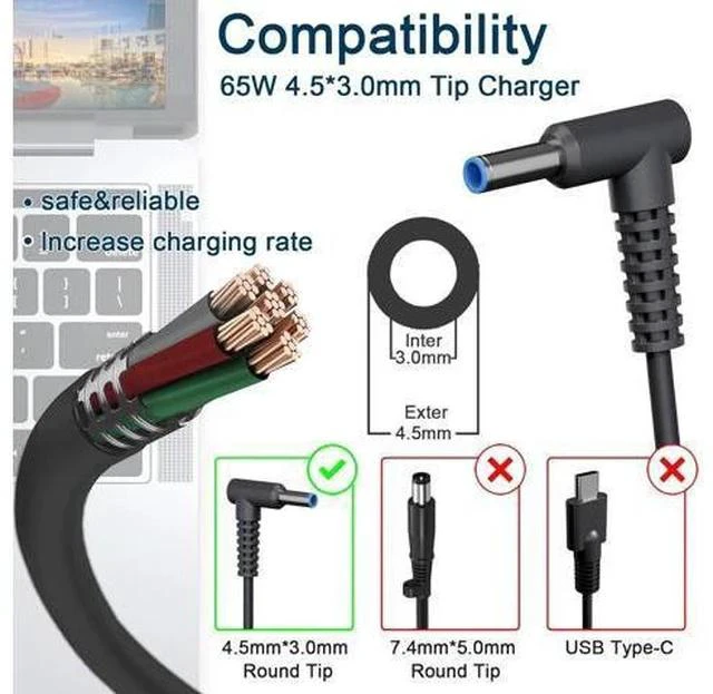 Alt view image 2 of 7 - 65W 45W AC Charger Fit for HP Probook 440 445 450 455 470 640 650 G10 G9 G8 G7 G6 G5 G4 G3 G2 Elitebook 845 840 for HP Pavilion x360 11 13 14 15 17 Envy X360 Blue Tip Laptop Adapter Power Cord (65W)