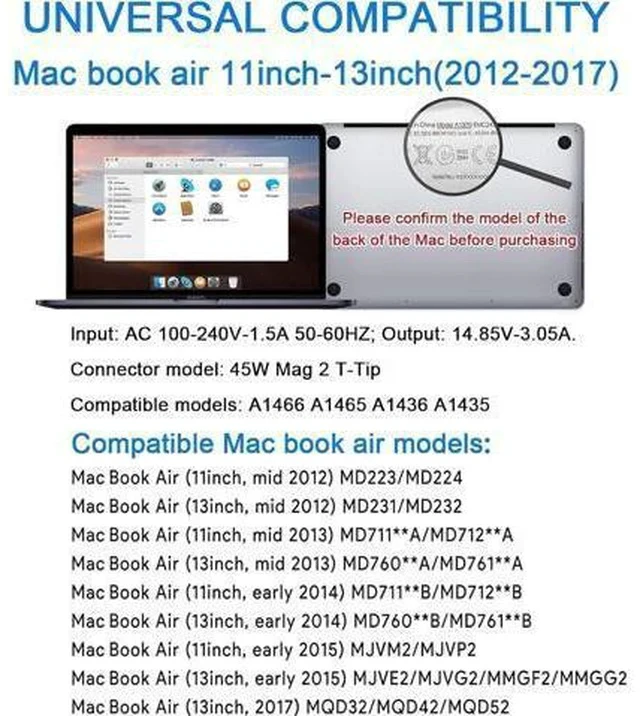 Alt view image 7 of 7 - Mac Book Air Charger Replacement for 45W T-Tip Power Adapter Compatible with Mac Book Air 11 inch & 13 inch Between 2012-2017