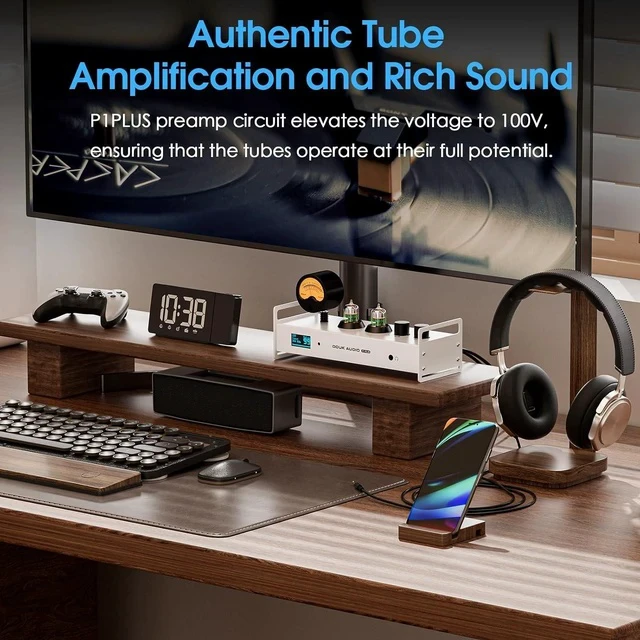 Alt view image 5 of 7 - Tube Preamp DAC: Bluetooth 5.1 LDAC Headphone Amp w/VU Meter USB Coax Optical Input for Amplifiers, Home HiFi Systems (P1 Plus)