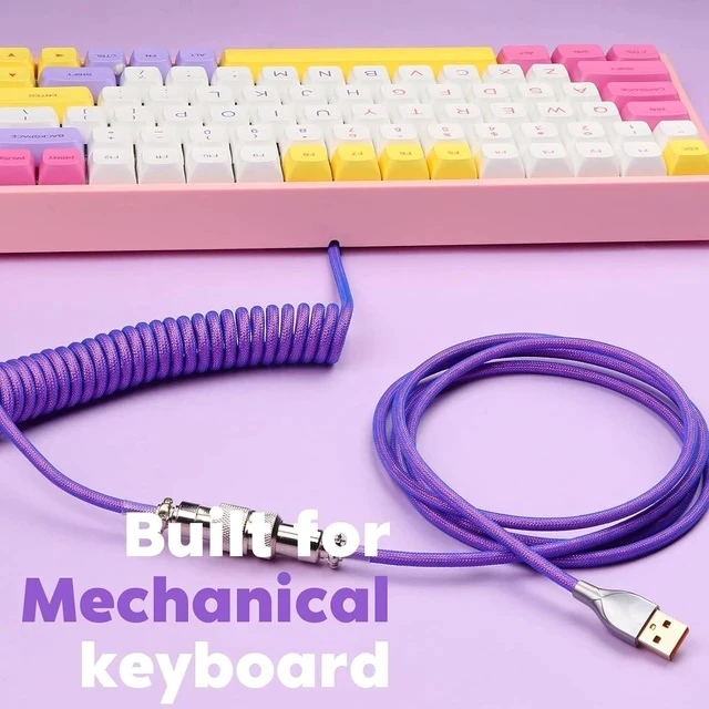 Alt view image 5 of 7 - Mix 1.8m Coiled Type-C to USB A TPU Mechanical Keyboard Space Cable with Detachable Aviator Connector for Gaming Keyboard and Cellphone(Purple)