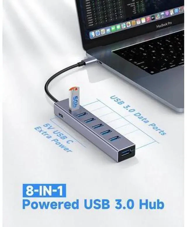 Alt view image 2 of 7 - USB C to USB Hub, 8 Ports USB 3.0 Adapter with 7 USB 3.0 Data Ports,USB C Splitter with USB C 5V/3a Extra Power, 7.9IN/20CM Main Cable USB HUB, USB Extension for Laptop and PC