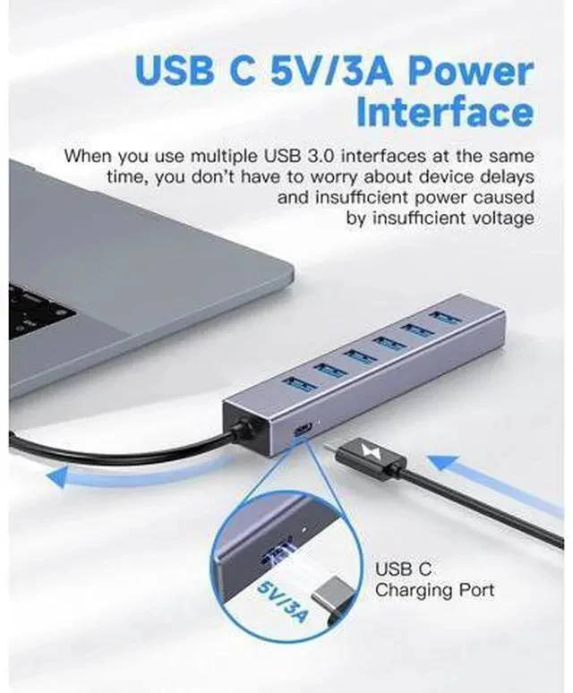 Alt view image 3 of 7 - USB C to USB Hub, 8 Ports USB 3.0 Adapter with 7 USB 3.0 Data Ports,USB C Splitter with USB C 5V/3a Extra Power, 7.9IN/20CM Main Cable USB HUB, USB Extension for Laptop and PC