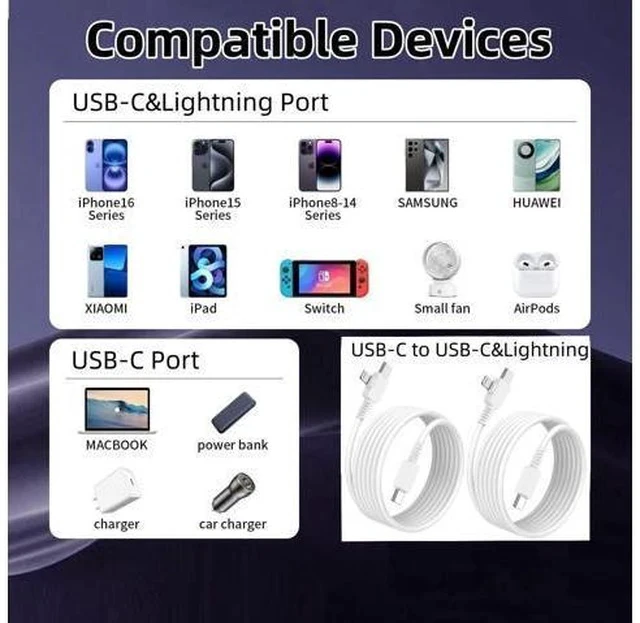 Alt view image 3 of 7 - USB-C to Lightning Cable 2-Pack 6 Feet USB C to USB C Cable 90 Degree Fast Charging Cord for iPhone17/ 16/15/14/13/12 iPad MacBook Galaxy