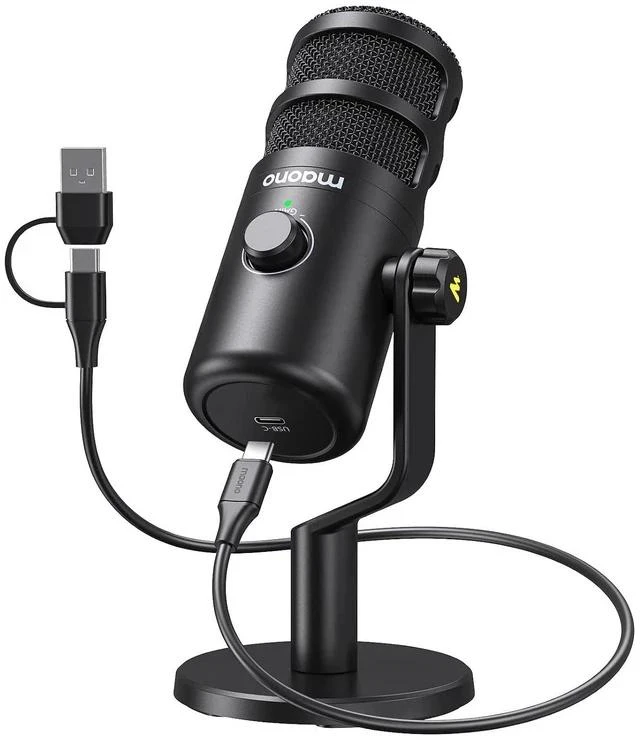 Main image of USB Dynamic Microphone, Podcast Recording Microphone with Gain Knob, Plug & Play, Metal Structure, V