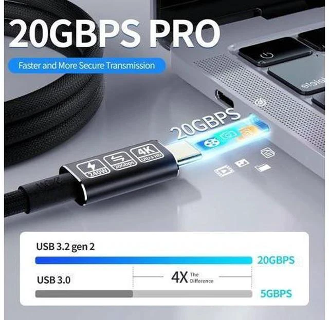 Alt view image 4 of 7 - USB-C Cable - 4K Video & Power 3.2 Gen 2 20Gbps 240W PD Fast Charging 6.6FT Black