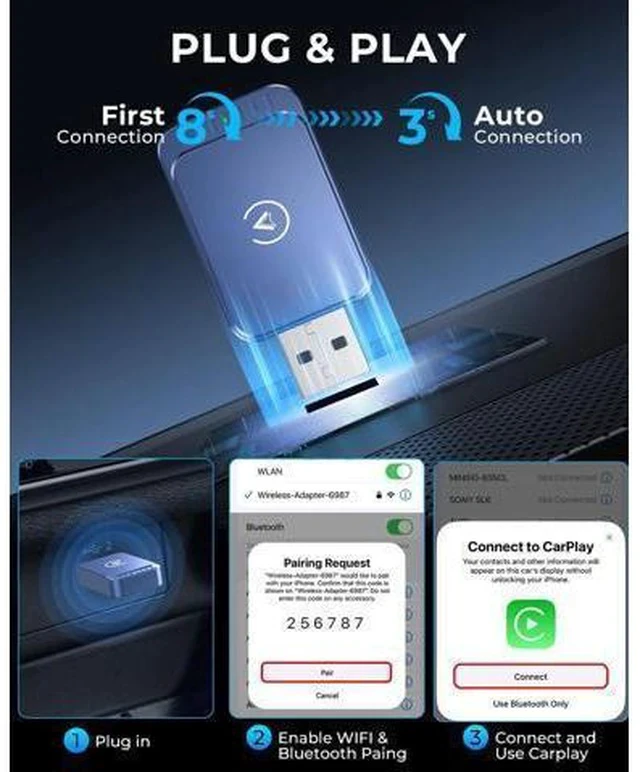 Alt view image 2 of 6 - Wireless Carplay Adapter & Android Auto Wireless Adapter 2-in-1 Fast & Stable Carplay Wireless Adapter Convert Wired to Wireless Car Play Adapter for iOS 10+/Android 11+ (Blue)