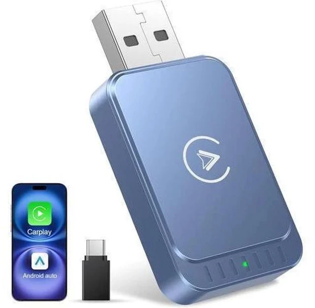 Main image of Wireless Carplay Adapter & Android Auto Wireless Adapter 2-in-1 Fast & Stable Carplay Wireless Adapter Convert Wired to Wireless Car Play Adapter for iOS 10+/Android 11+ (Blue)