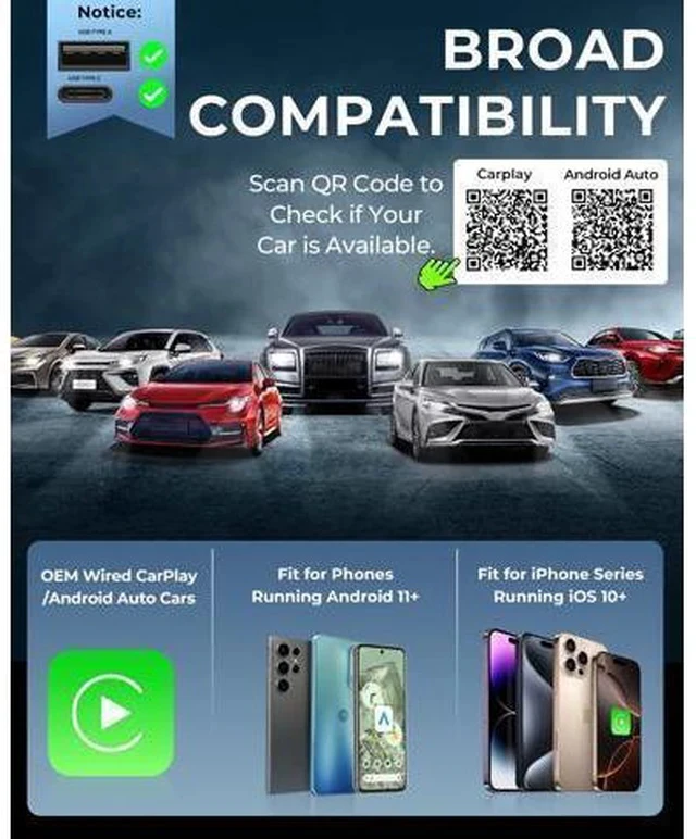 Alt view image 6 of 6 - Wireless Carplay Adapter & Android Auto Wireless Adapter 2-in-1 Fast & Stable Carplay Wireless Adapter Convert Wired to Wireless Car Play Adapter for iOS 10+/Android 11+ (Blue)
