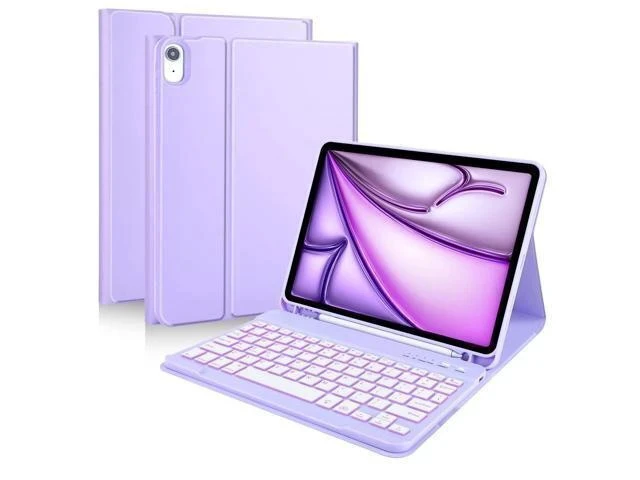 Alt view image 6 of 7 - MMK iPad Air 11 inch (M2) 2024 & iPad Air 5th 4th Generation Case with Keyboard 10.9 Inch, iPad Case with 7 Colors Backlit Bluetooth Keyboard,Smart Folio Keyboard Cover with Pencil Holder,Clove Purple