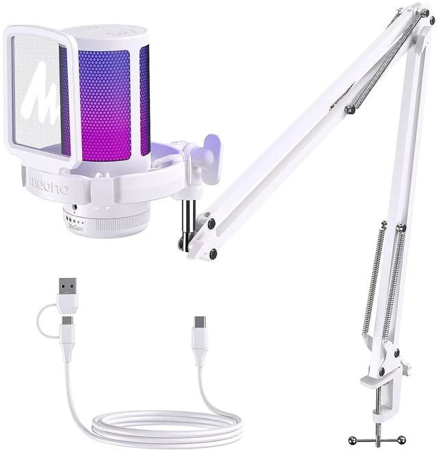 Main image of USB Gaming Microphone with Noise Cancellation, Computer PC Mic with Boom Arm, RGB Light, Mute, Gain,