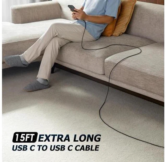 Alt view image 5 of 7 - Extra Long USB C to USB C Cable 15FT 100W USB C Charger Cable Fast Charging Cord Braided Type C Cable for iPhone 17 16 15/15Plus/15Pro/Max MacBook Pro/Air iPad Pro/Air/Mini Pixel Laptop