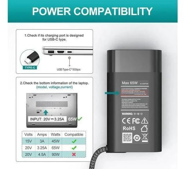 Alt view image 3 of 7 - New 65W USB C Slim Compatible with HP Laptop Charger Spectre x360 Envy Chromebook Elitebook x360 Pavilion Elite x2 Regular Compatible with HP Chromebook and Elitebook Charger.