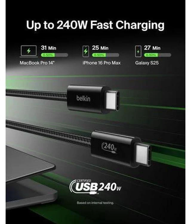 Alt view image 2 of 7 - USB C to USB C Cable ?2-Pack 6.6ft 240W - Type C Charger iPhone Charger Cord Soft Braided Flexible for iPhone 17 Galaxy S25 Pixel 10 MacBook Chromebook iPad Pro Switch C Black