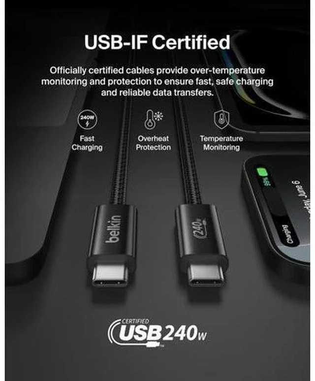 Alt view image 4 of 7 - USB C to USB C Cable ?2-Pack 6.6ft 240W - Type C Charger iPhone Charger Cord Soft Braided Flexible for iPhone 17 Galaxy S25 Pixel 10 MacBook Chromebook iPad Pro Switch C Black
