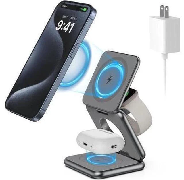 Main image of Foldable Magnetic Wireless Charger, Aluminum Alloy 3 in 1 Charging Station for Apple, 15W Fast Mag-Safe Charger Stand for iPhone 15 14 13 12 Pro/Max/Plus, for AirPods 3/2/Pro,5W for iWatch-Gray