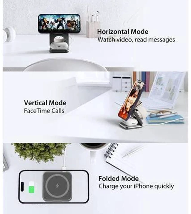 Alt view image 2 of 7 - Foldable Magnetic Wireless Charger, Aluminum Alloy 3 in 1 Charging Station for Apple, 15W Fast Mag-Safe Charger Stand for iPhone 15 14 13 12 Pro/Max/Plus, for AirPods 3/2/Pro,5W for iWatch-Gray