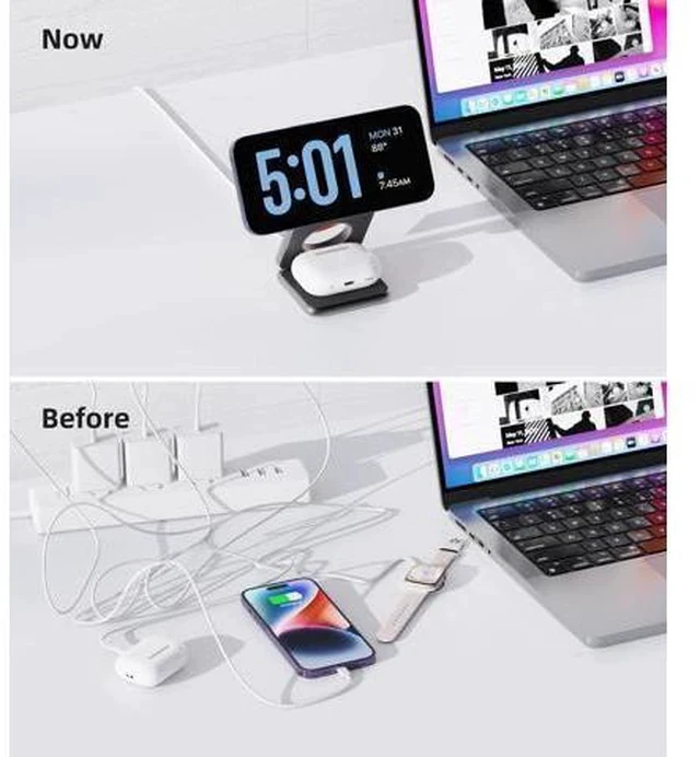 Alt view image 4 of 7 - Foldable Magnetic Wireless Charger, Aluminum Alloy 3 in 1 Charging Station for Apple, 15W Fast Mag-Safe Charger Stand for iPhone 15 14 13 12 Pro/Max/Plus, for AirPods 3/2/Pro,5W for iWatch-Gray